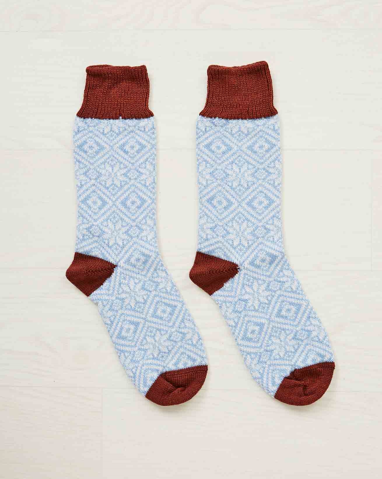 Ladies Fair Isle Merino Cotton Socks / Vintage Blue Rust / M